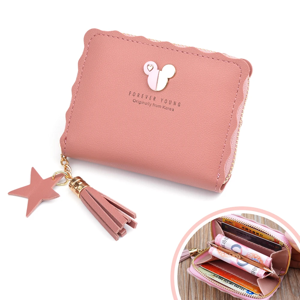 Женский кошелек с милым Микки и сердцем на молнии маленький короткий модный для