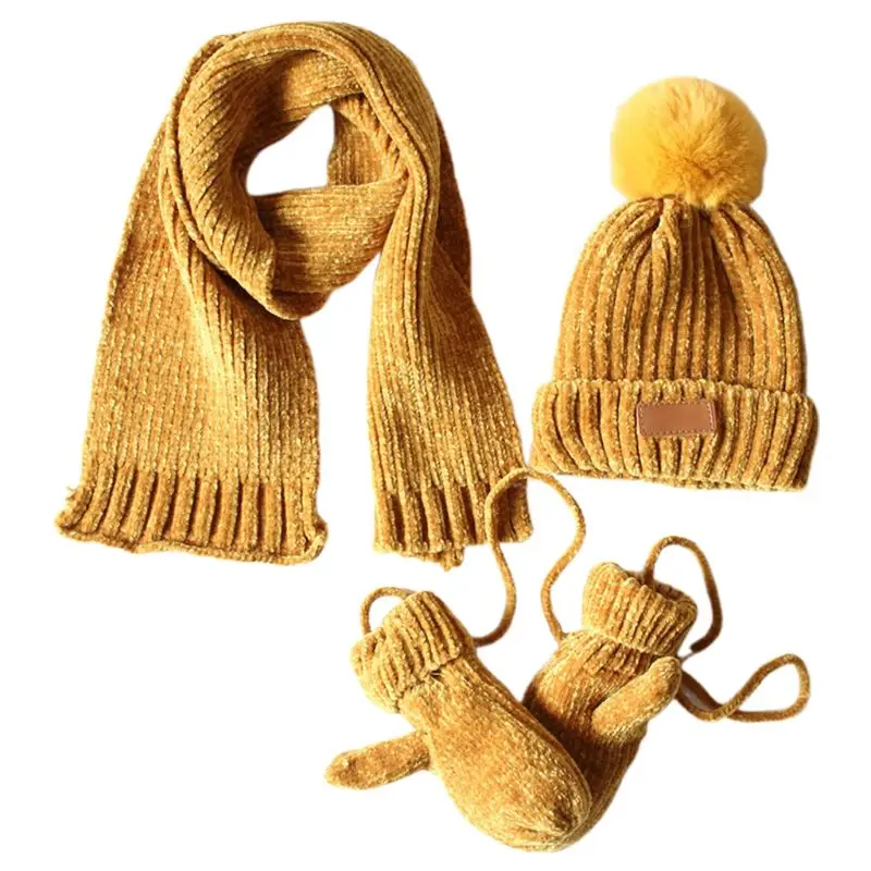 3 в 1 Дети зимние ребристая трикотажная теплая вязаная шапка с помпоном шарф