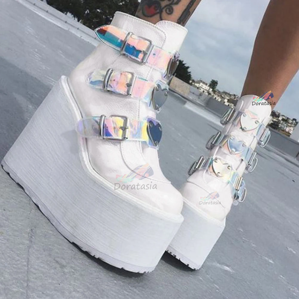 doratasia wholesale ins hot brand high platform ankle boots women 2020 fashion metal strap decorating high wedges shoes woman free global shipping