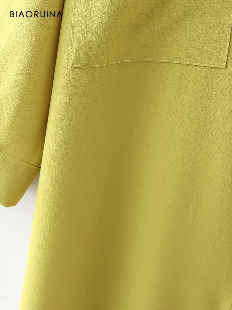 

BIAORUINA Women's Yellow Single Breasted Loose Super Long Shirt Turn Down Collar Female Fashion All-match Spring Shirts Tops
