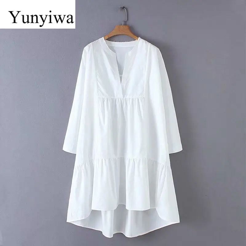 

Женское свободное платье-трапеция с асимметричным подолом, однотонное повседневное белое платье с длинным рукавом и V-образным вырезом, 2020