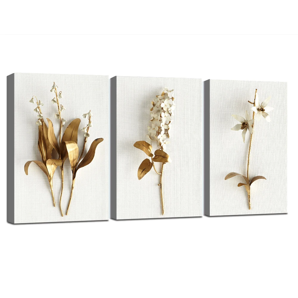 

Framed Nordic Wall Art Minimalism Decorative Picture Poster Print Gold Metallic Flowers Modern Canvas Painting Living Room Decor
