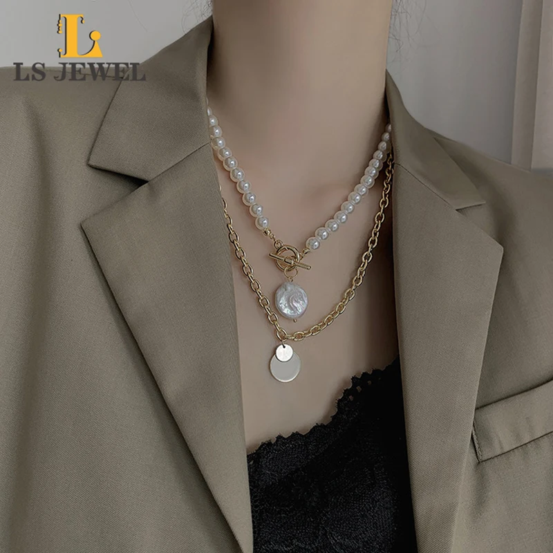 

Модное изящное ожерелье из белого жемчуга с подвеской в виде монеты, Золотое массивное Двухслойное ожерелье-цепочка из нержавеющей стали д...