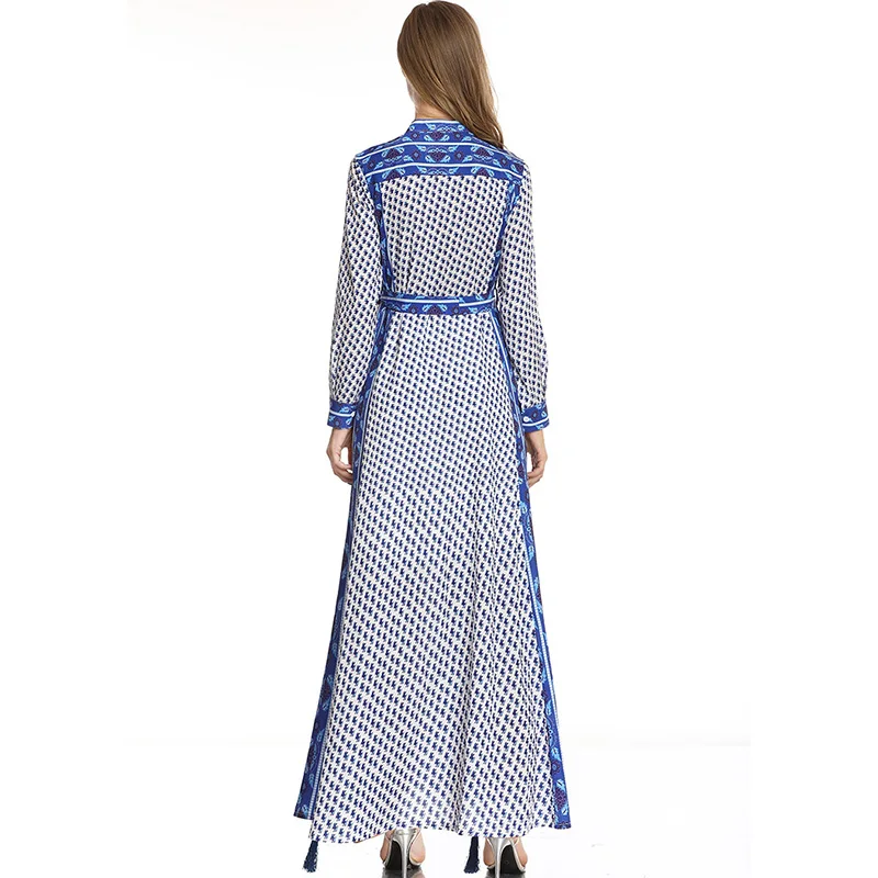 Australia fashion printed belt shirt plus size women's long skirt Muslim women's long skirt Abaya Islamic ethnic evening dress