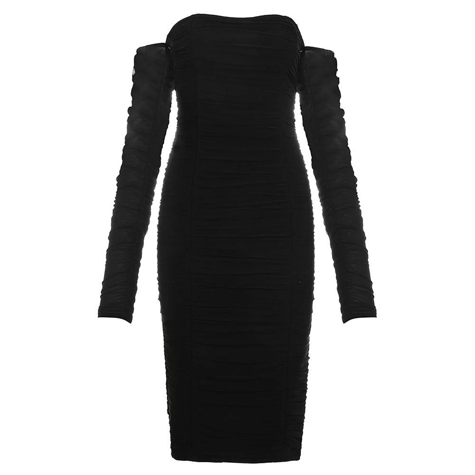 

Free Shipping Women Spring Sexy Off Shoulder Long Sleeve Mesh Black Bodycon Bandage Dress 2021 Elegant Evening Party Vestidos