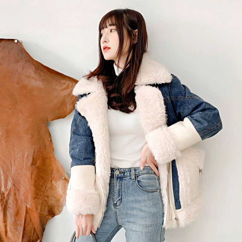Женская зимняя куртка 2021 оверсайз из искусственной овечьей шерсти с меховым