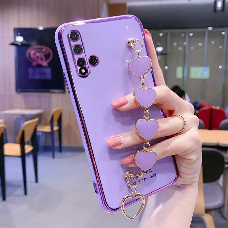 wrist bracelet phone case for huawei nova 5t case luxury heart chain plating cover for huawei nova5t capa fundas soft silicone free global shipping