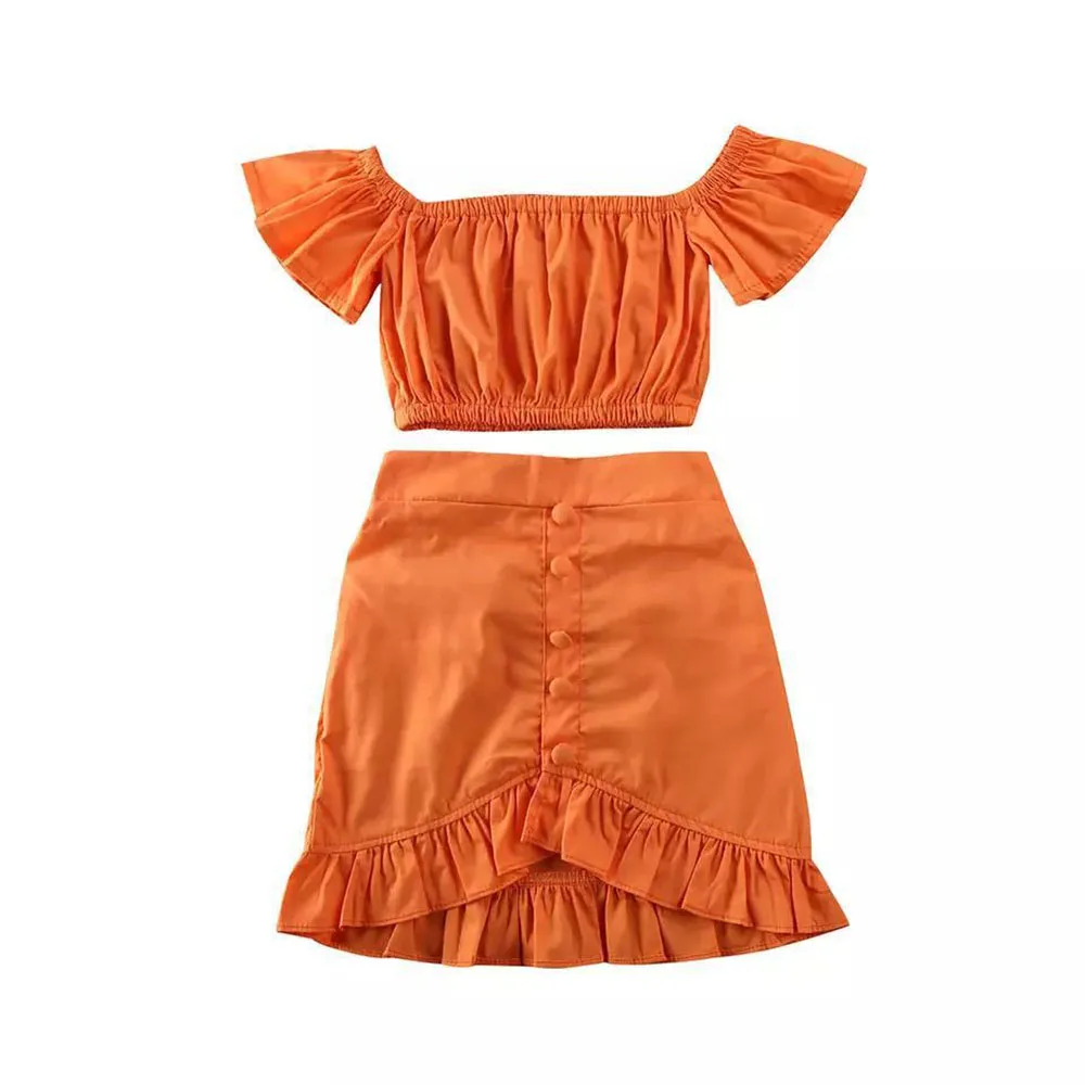 

1-5y 2PCS Toddler Kids Baby Girls Clothes Sets Orange Off Shoulder Tops Crop Ruffle A-Line Skirt Outfit