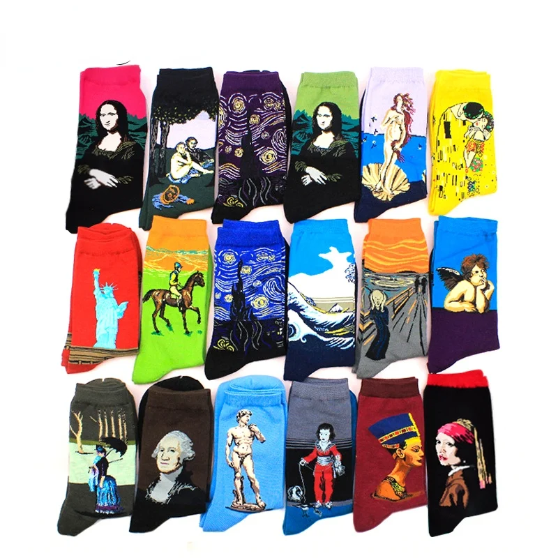 

Happy Starry Night Winter Retro Men Cotton Personality Art Van Gogh Mona Lisa Famous Painting Men Socks Short Oil Funny Socks
