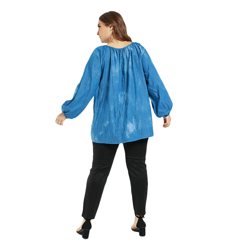 Женская джинсовая рубашка с длинным рукавом круглым вырезом и бантом|Блузки| |