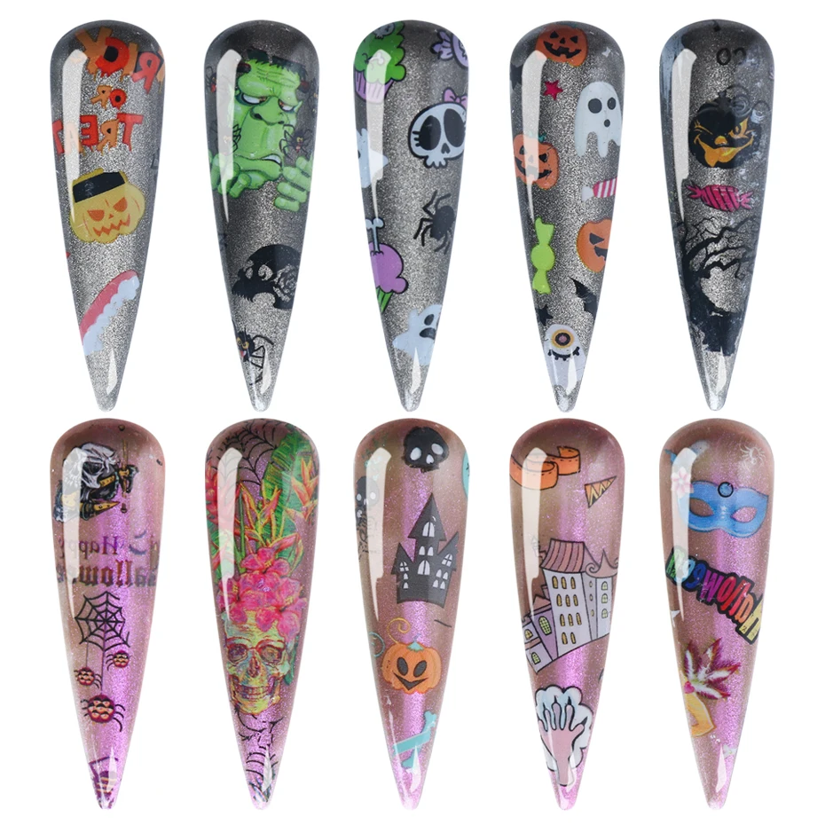 10 шт. переводная Фольга для Хэллоуина наклейка ногтей череп тыква кошка