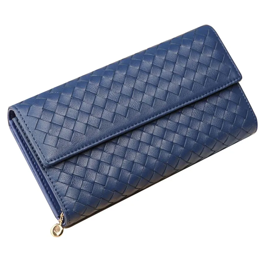 Dark Blue Кошелек из овечьей кожи, Женский Длинный кошелек из натуральной кожи, Женский кошелек, вязаный модный стиль - Цвет: Dark Blue