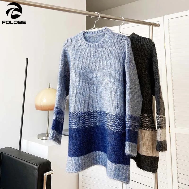 

FOLOBE 2021 Autumn Winter Loose Sweater Women Pullover Long Sleeves Patchwork Lazy Thick Warm Sweaters PullFemme Pullovers