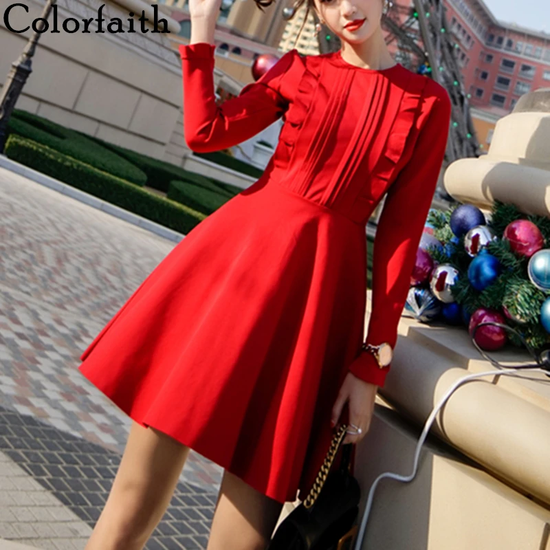 Женское платье трапеция Colorfaith однотонное элегантное миди с круглым вырезом и