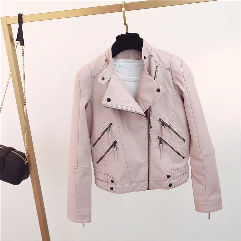Spring and autumn 2021 women's jacket long sleeve leather coat PU leather locomotive short slim stand collar leather coat women enlarge
