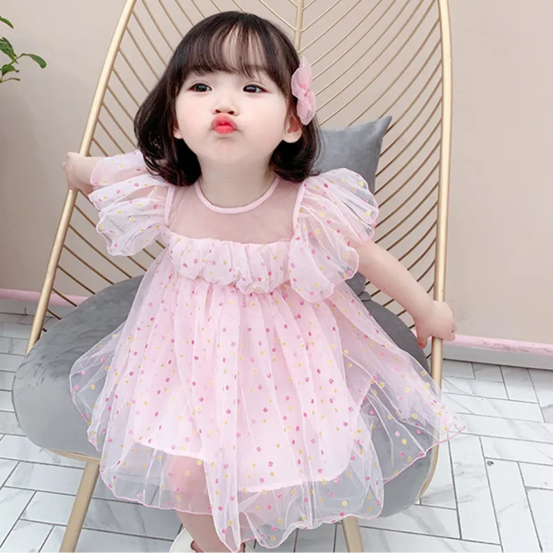 

DFXD Toddler Summer Girls Dress New Fashion Fly Sleeve Yarn Princess Dress Korean Style Ball Gown Kids Party Dress For 1-7Yrs