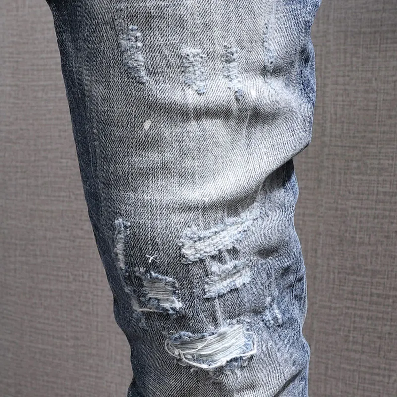 Newly Streetwear Fashion Men Jeans Retro Blue Plain Washed Slim Fit Ripped Jeans Men Brand Designer Vintage Casual Denim Pants