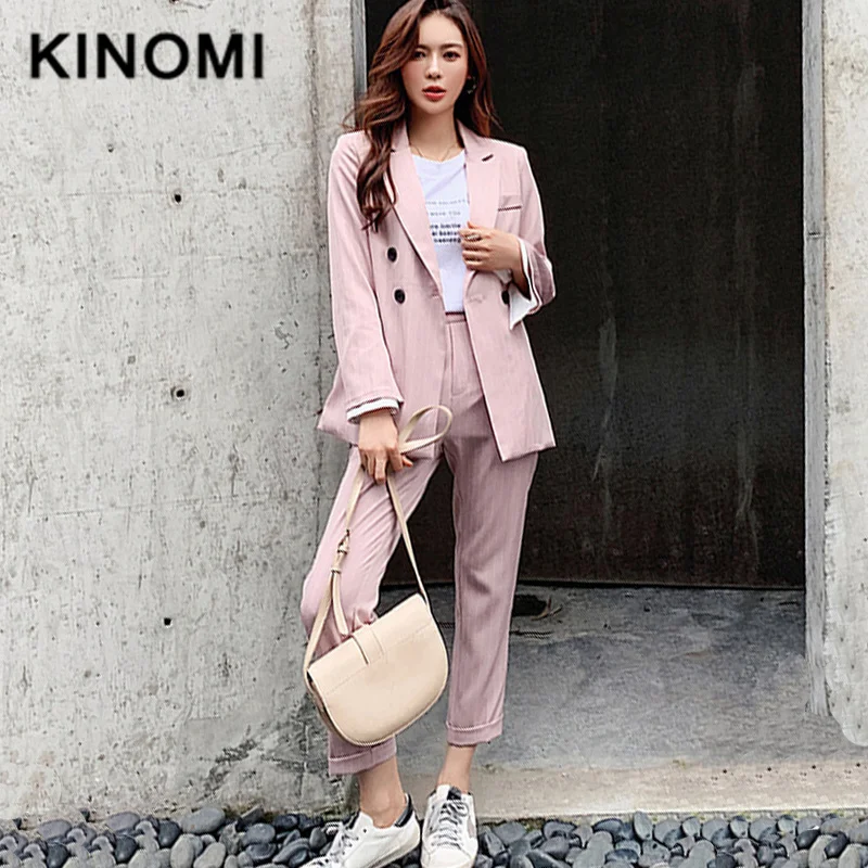 KINOMI двубортный полосатый Женский блейзер костюм комплект с длинным рукавом
