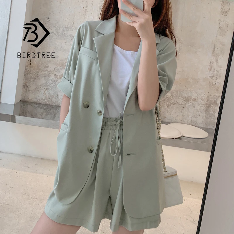

Summer Women's 2 Piece Sets Two Button Solid Blazer Jacket & Elastic Shorts With Belt Office Wear Lady Suit Female Sets S15506X