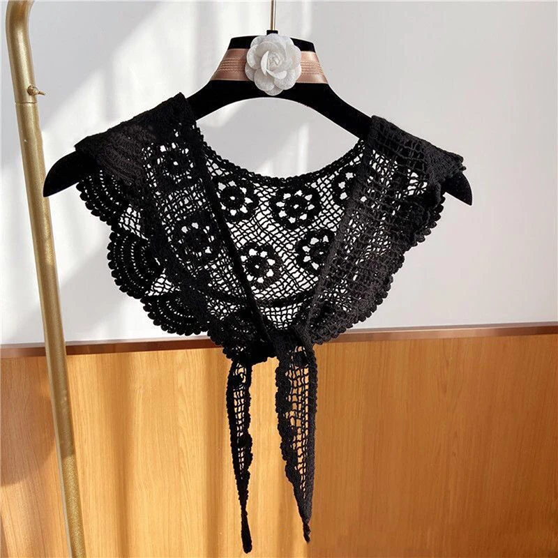 

Ladies False Fake Collar Hollow Out Embroidery Floral Pastoral Style Lace Half Shirt Shawl Lace Up Bowtie Necklace