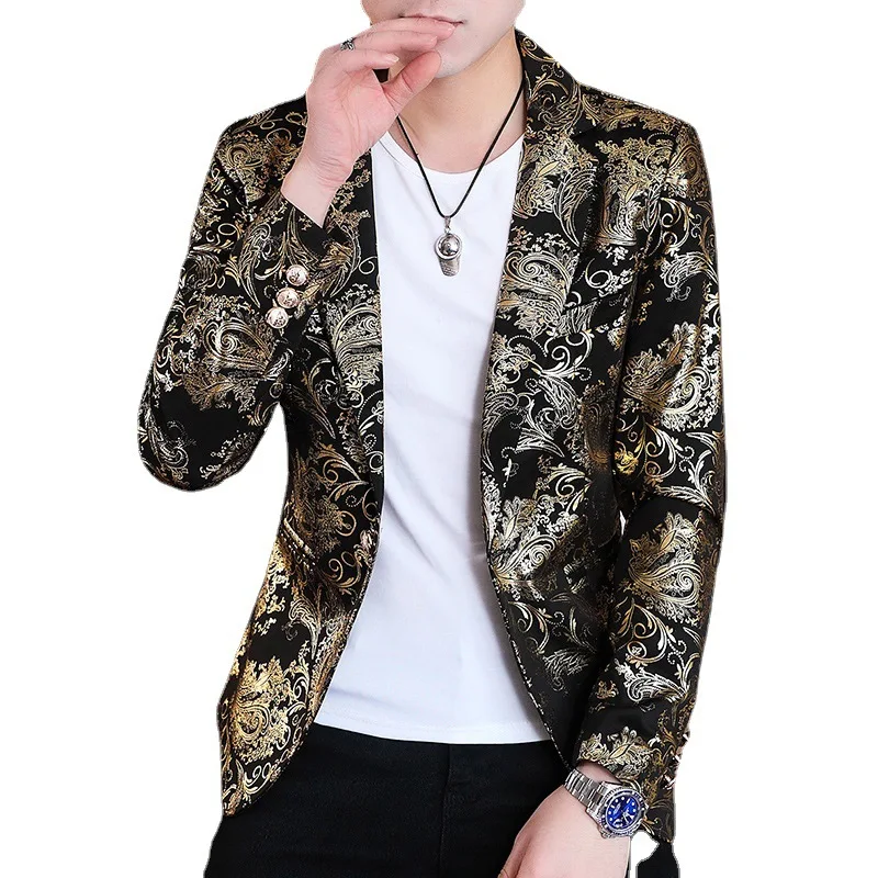 

Men Clothing 2021 Spring Casual Bronzing Printing Men Blazer Slim Fit Fashion Lapel Korean Style Slim Suit