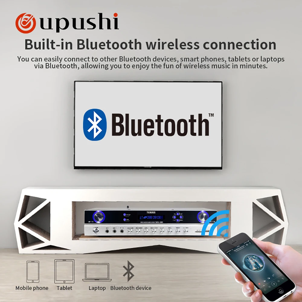 

Oupushi SKV-180 Беспроводной Bluetooth Семья стерео усилитель караоке 200W Мощность усилитель Домашнее аудио приемник Системы