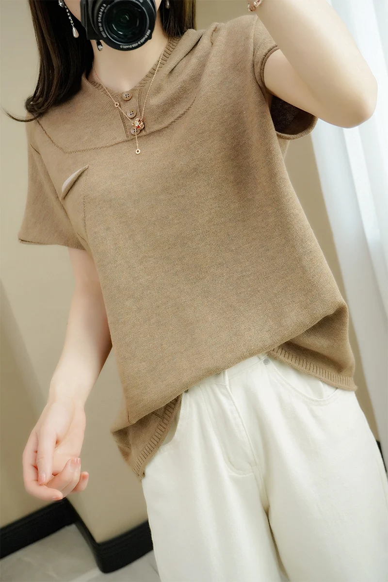 

Spring Summer Hooded Collar T-Shirt Women Loose Casual Worsted Cotton Knitted Short-Sleeved Pullover Tops All-Match Sweater Tees