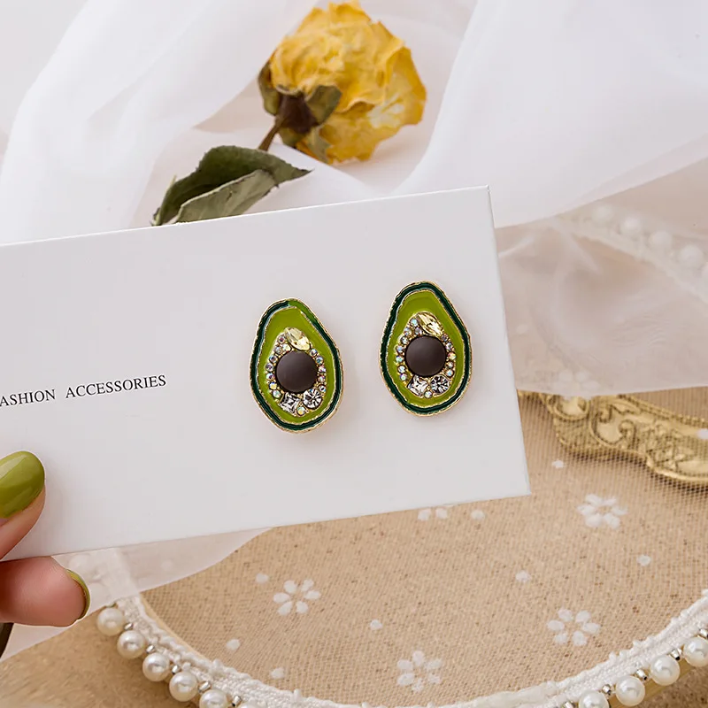 Wholesale Korean Fashion Shiny Rhinestone Avocado Big Earrings for Women 2022 Summer Green Oil Fruit Statement Brincos | Украшения и