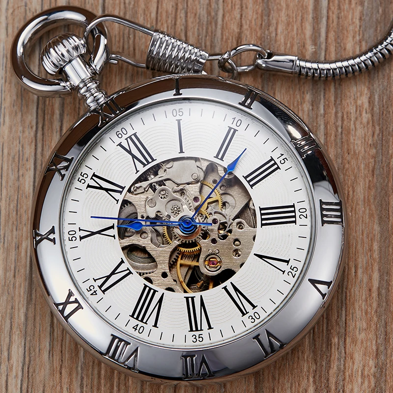 Luxury Sliver Mechanical Pocket Watch Skeleton Roman Numerals Dial Quality Engraved Case Fob Chain Clock for Men Dropshipping