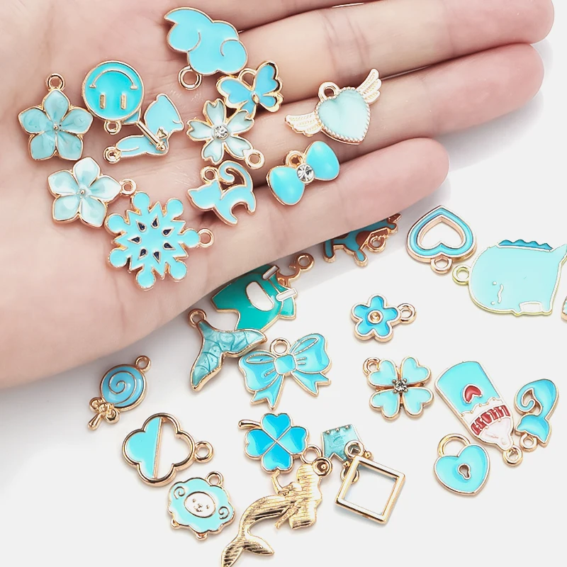 Mix 30pcs/pack Baby Blue Enamel Charms Snow Flower Heart DIY Earrings Bracelet Pendant Neacklace Accessories For Jewelry Making - купить по