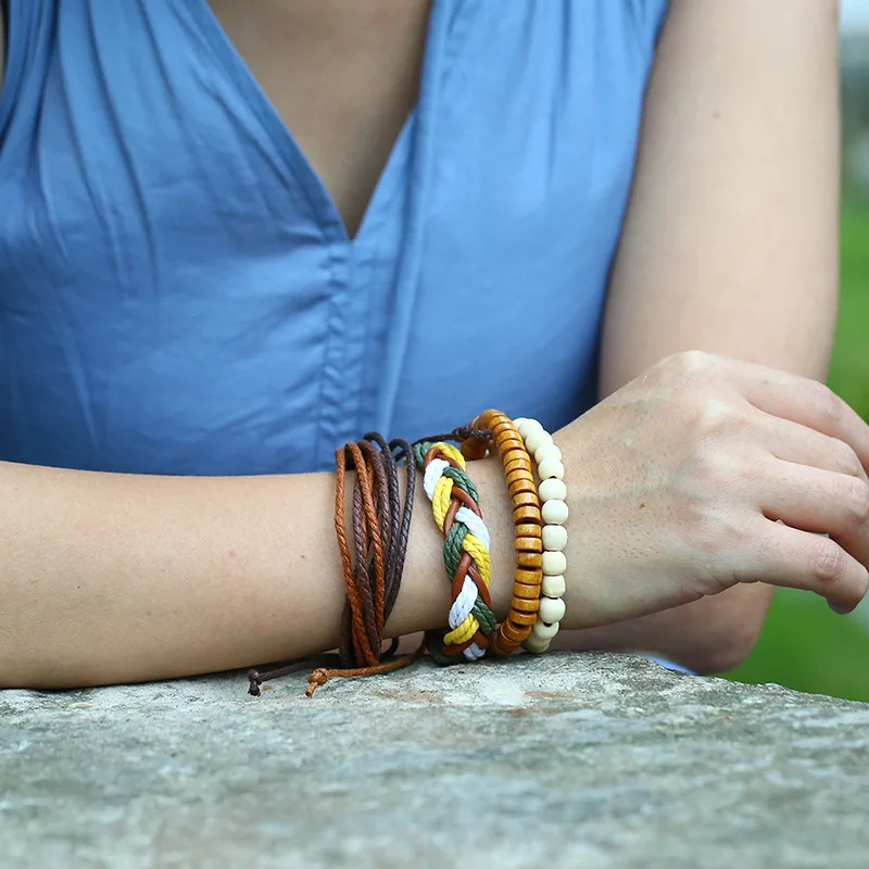 

Retro Hand Woven Beaded Leather Hemp Rope Bracelet Four Piece Leather Bracelet Simple Men's and Women's Bracelet Fashion Jewelry