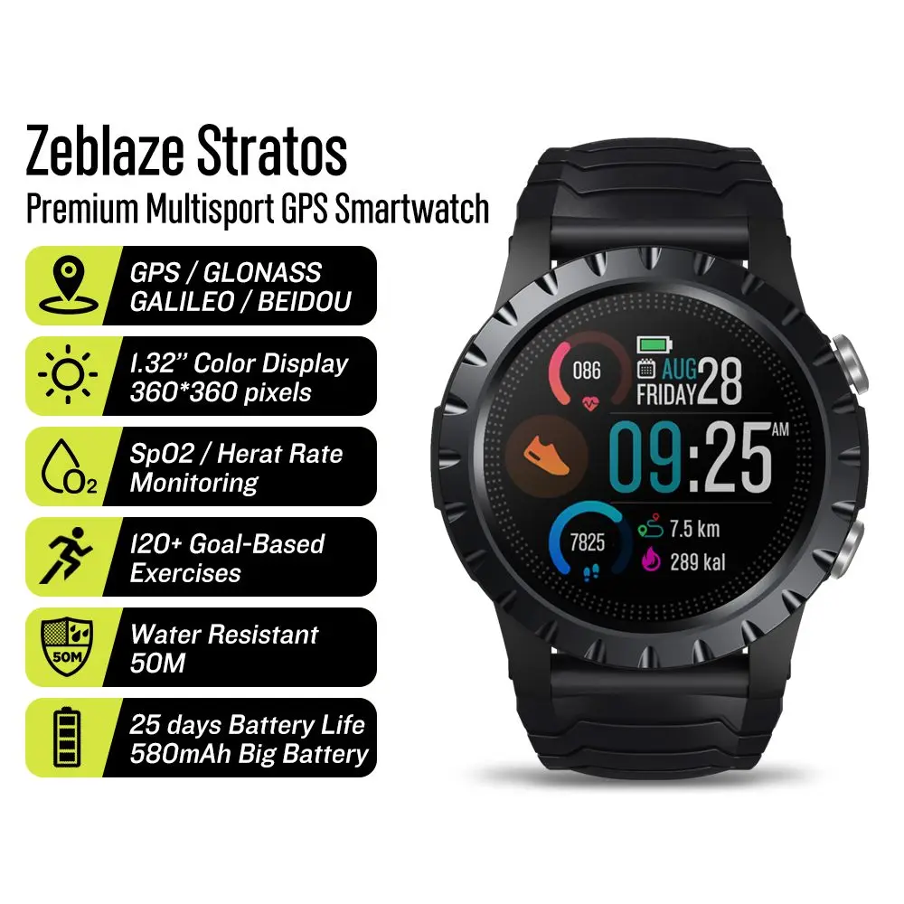 

Смарт-часы Zeblaze Stratos GPS, встроенные 4 спутника, 3 режима, GPS сердце/SpO2/VO2max/стресс, Время работы батареи 25 дней, GPS Смарт-часы для мужчин и женщин