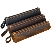 pencil bag handmade genuine leather zipper pen case vintage retro style cowhide school office stationery bag gift