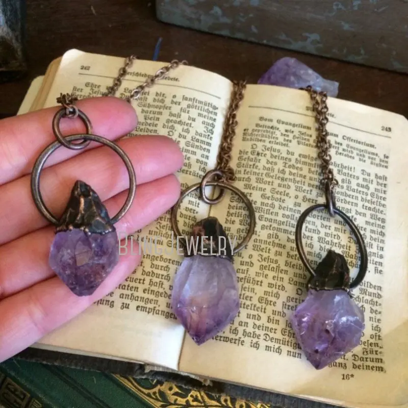 NM35250 Raw Amethyst Necklace Raw Crystal Amethyst Hoop Necklace Rough Amethyst Jewelry Hippie Gypsy Jewelry Witchy Necklace