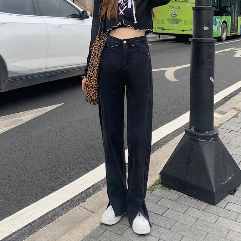 

Denim Pants Women's Fashion in Spring and Autumn Ins High Waist Black Split Wide Leg Pants Small Loose Straight Pants
