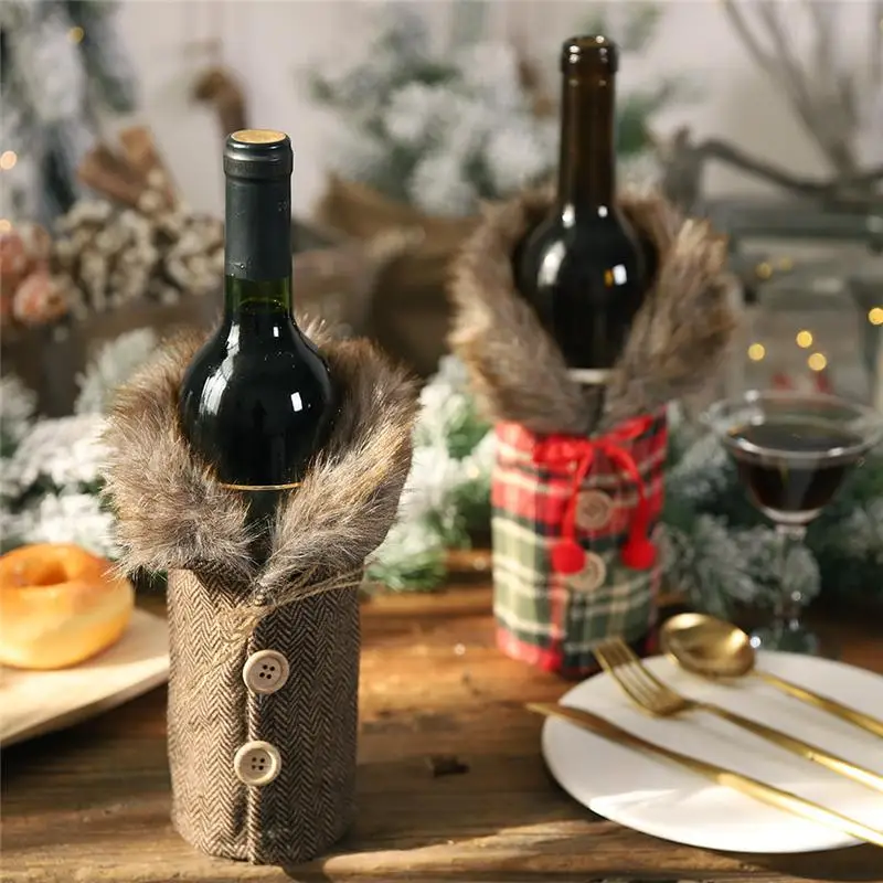 Xmas DIY Christmas table wine bottle decoration Striped plaid skirt bottle Cover Wine Cover all for the new year 1pcs FZ283