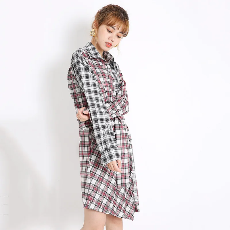 

2020 Autumn And Winter New Fashion Lapel Tie Design Sense Knotted Plaid Stitching Long Sleeve Irregular Shirt Dress Women C555