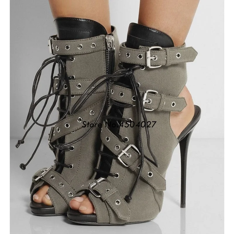 Online Fashion Musim Panas Wanita Sepatu Gesper Tali Renda Up Tinggi Tumit Pendek Sandal Boot Tumit Tinggi Sepatu Wanita