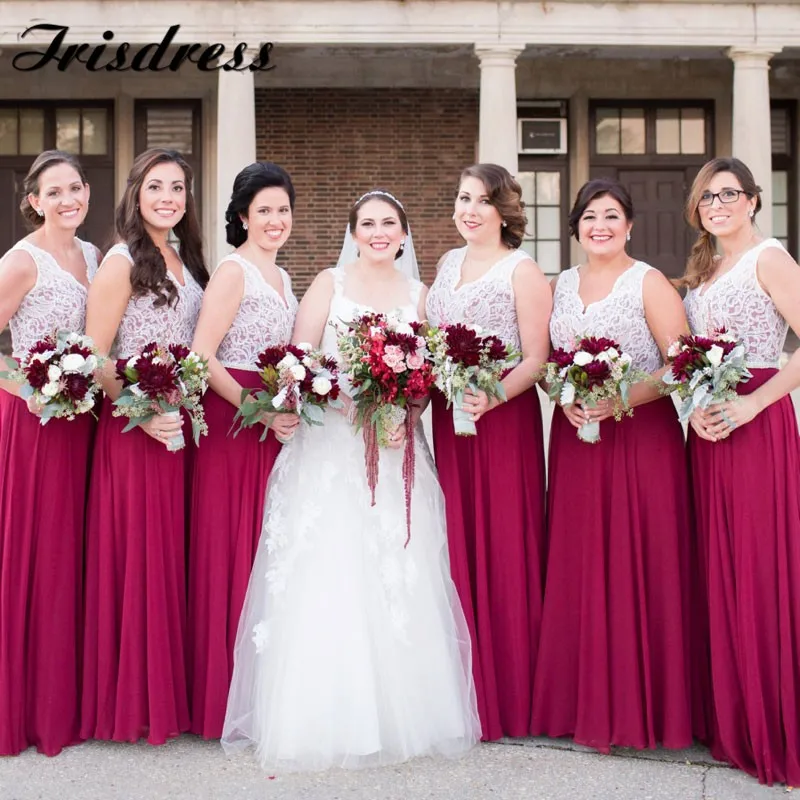 Фуксия длинные шифоновые платья подружки невесты с белым кружевом 2019 дешевые