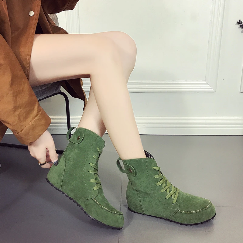 Autumn Women's Boots Flat Wedge Heel Martin Fashion Chunky Lace-Up Roman Style Gothic Green Rubber Sole Cotton Shoes | Обувь
