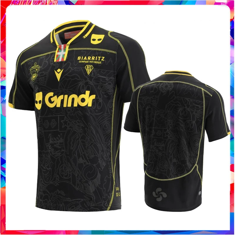 

2021 black Biarritz home football jersey short-sleeved tear-resistant sportswear men's spot Rugby Jersey