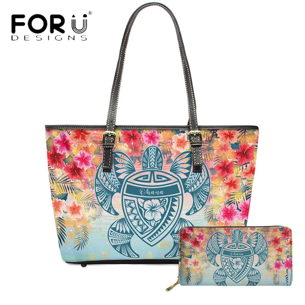 

FORUDESIGNS 2Pcs Luxury Leather Handbag Set For Ladies Hawaiian Plumeria With Turtle 3D Print Women Outdoor Beach Shoulder Sac