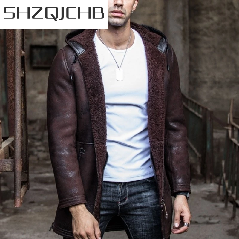 

JCHB 2021 Vintage Men Mid Long Hoody Genuine Leather Jacket Military Winter Warm Real Fur Lining Overcoat Wool Natural Shearling