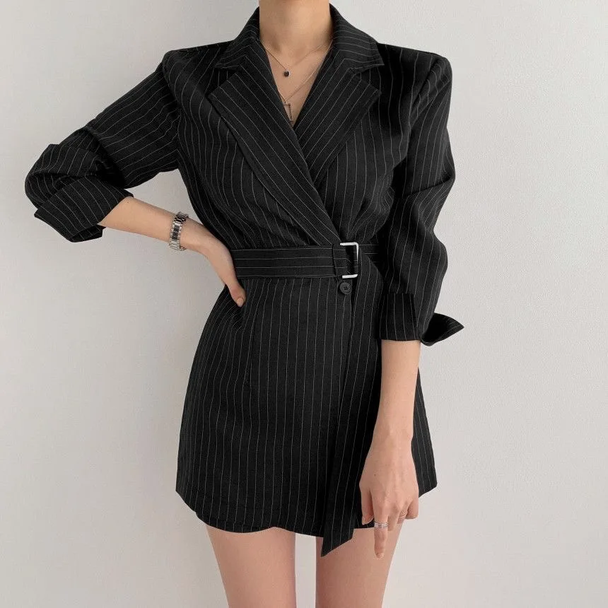 

HziriP Women Suit Dress 2021 New Minimalist Autumn Striped Dress Formal Elegant OL Work Lace-up Midi Dresses Female Vestidos