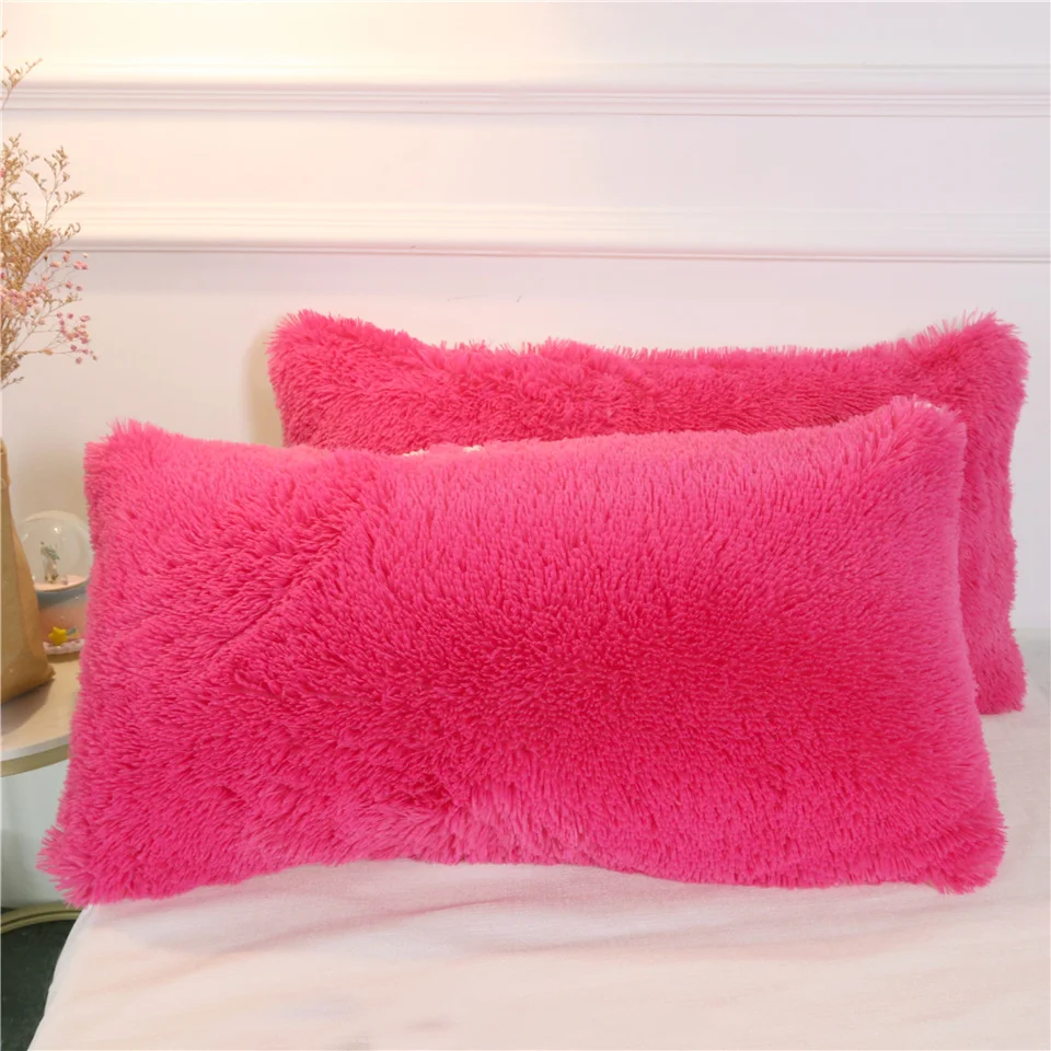 Rose Red 2 pcs BeddingOutlet из искусственного меха с капюшоном Подушка Чехол пушистый декоративная подушка чехол прямоугольник с длинным ворсом, декоративная наволочка для подушки 1/2 шт. дропшиппинг - Цвет: Rose Red 2 pcs