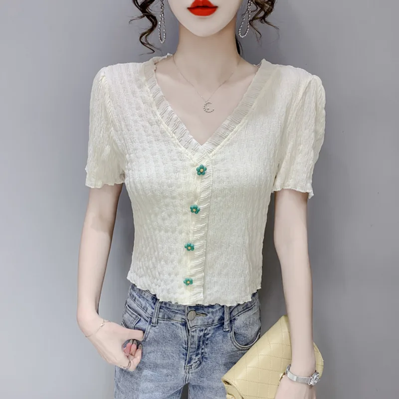 

#4707 Beige Blue Knitted Blouse Women V Neck Sexy Short Shirt Single Breasted Slim Sweet Women Shirt Short Sleeves Summer Tops