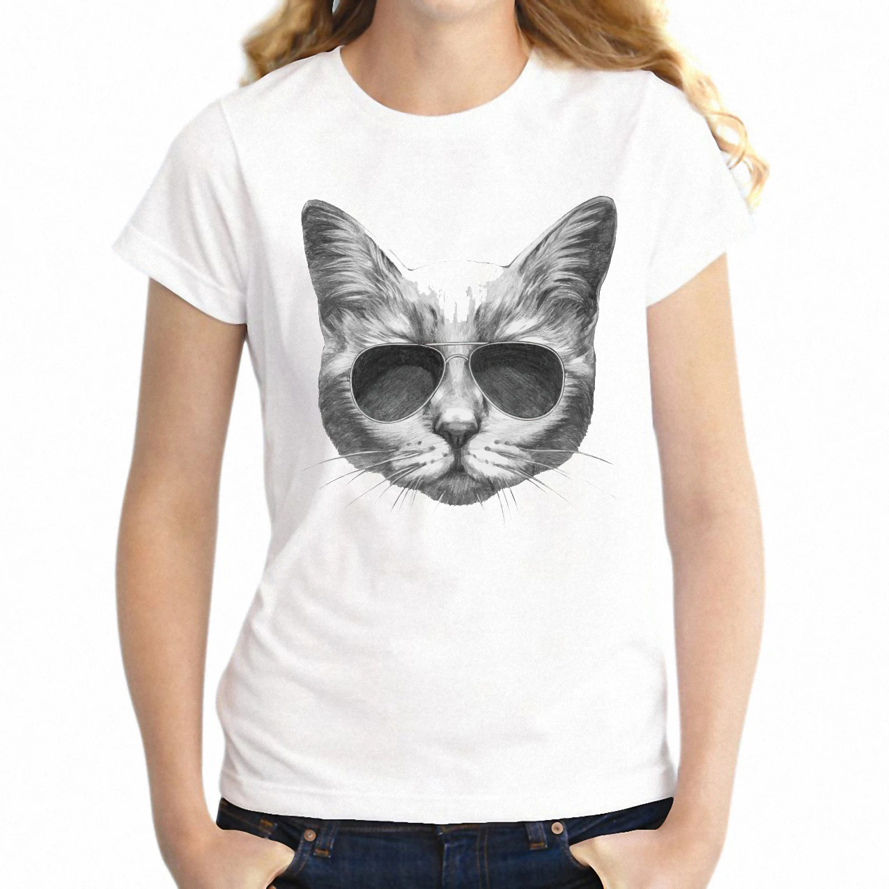 Модная женская футболка с короткими рукавами рисунком кота черная и белая