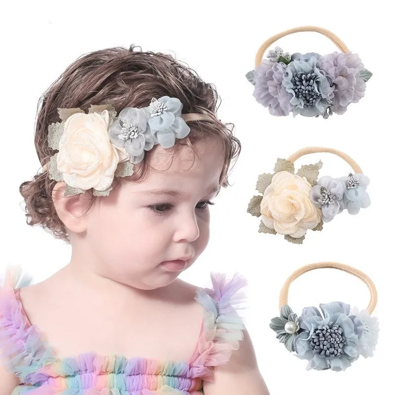 

Elastic Fabric flower Bow Headbands For Baby Nylon Girls Hair Bows Kids Hair Turban Skinny Stretchy Rubber Hair Accessorie
