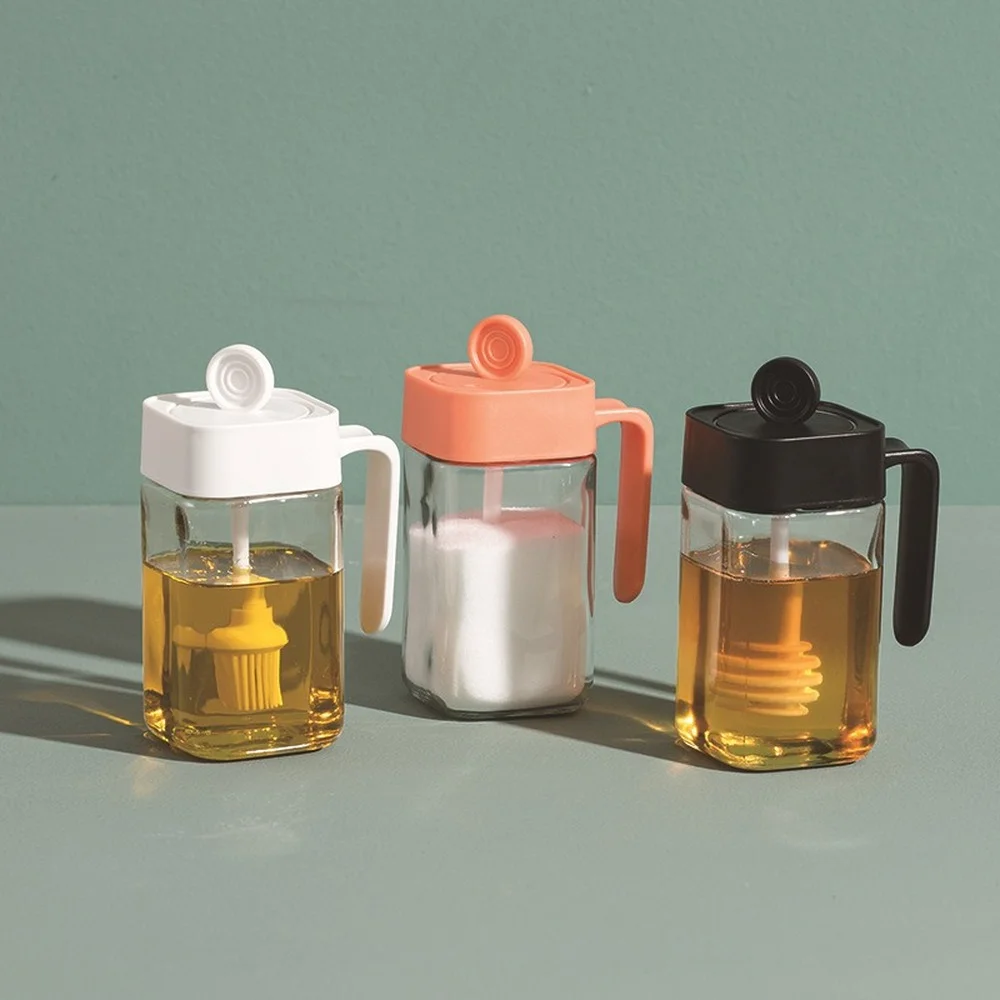 

250ml Square Shape Spoon Cover Seasoning Jar With Handle Lead-free Glass Salt Honey Bottle Brush Oil Bottles Kitchen Gadgets