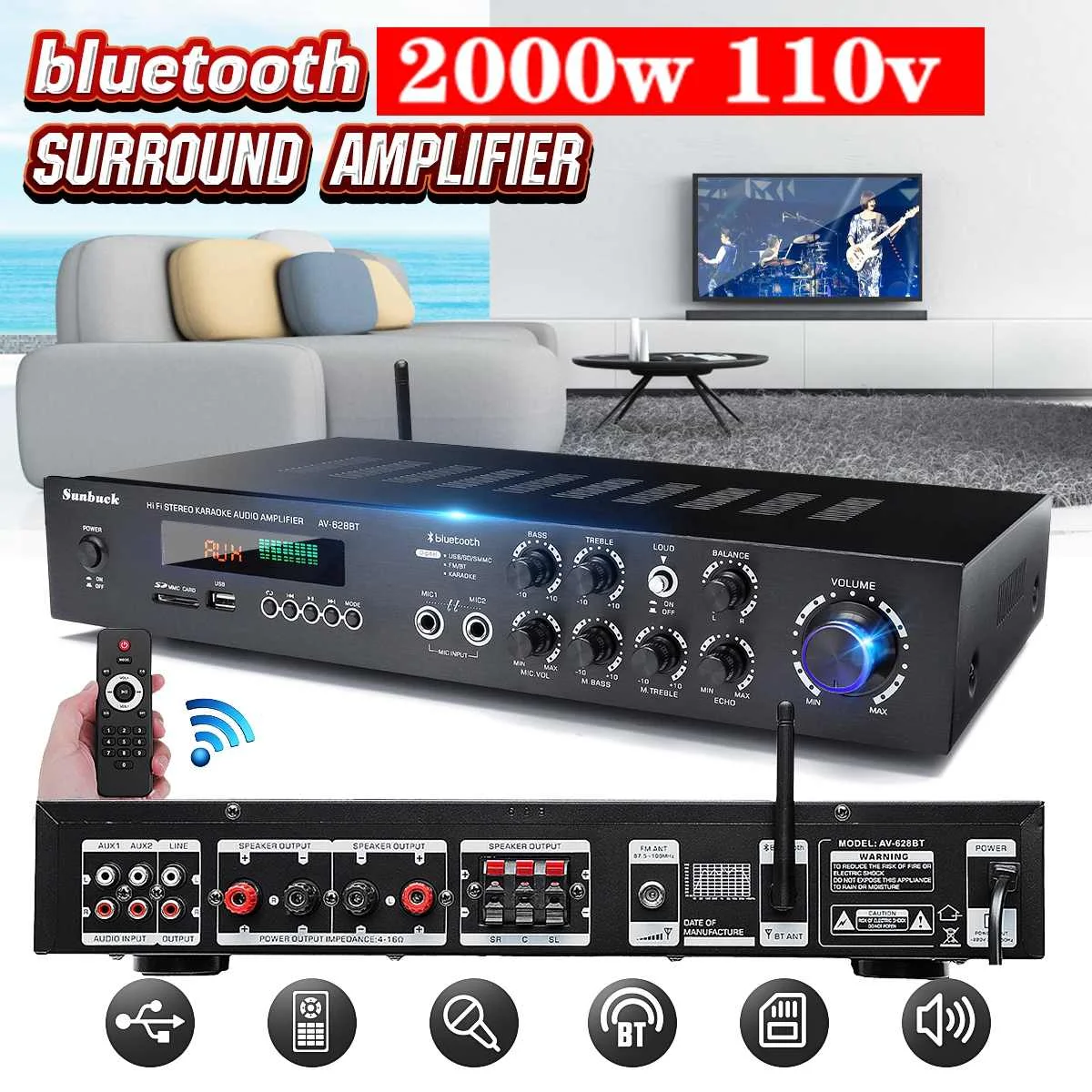 Hi-Fi усилитель мощности 220 В 2000 Вт аудиосабвуферы стерео Bluetooth объемный звук